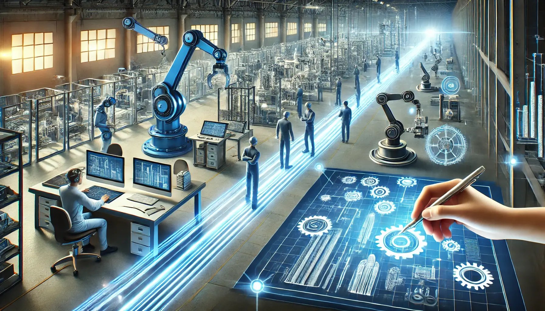 DALL·E 2025-03-06 20.02.59 - A visually engaging illustration of an automated workflow in a manufacturing environment. The image depicts a futuristic factory floor with engineers 